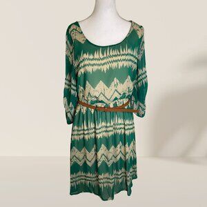 Peach Love California Green Chevron Print Dress w/ Belt – Size XL